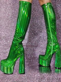 Lasaky - Womens Patent PU Chunky Heel Metallic Knee High Boots with Platform - Elegant and Stylish Green Platform Boots With Synthetic Material, Green Platform Boots For Party, Green Round Toe Platform Boots For Winter, Green Knee-high Party Boots, Green Platform Boots With Round Toe For Winter, Green Platform Boots In Synthetic Material, Green Synthetic Platform Boots, Fitted Green Knee-high Boots For Parties, Green Boots For Fall Party