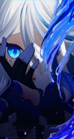 an anime character with blue eyes and white hair holding her hands up in front of her face