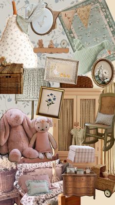 a collage of teddy bears and other items in a room with wallpaper on the walls