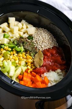 the food is prepared and ready to be cooked in the crock pot for dinner