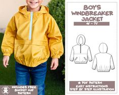 a child's windbreaker jacket sewing pattern with instructions for the hood and sleeves