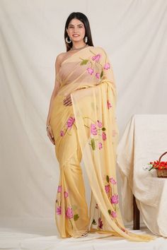 This is a beautiful pure chiffon light weight saree .  Fabric - Pure chiffon  Color - Cream color  Technique - Hand painted Saree length - 5.5 mtr.  Blouse - same running blouse 90 cm. Wash and care - Dry clean only . Please note - color may be vary a little due to sunlight and photography . Please message us after purchasing in case you want fall and Pico done it not .  No extra charges for fall and Pico but inform us .  Blouse stitching is also available . Sari Cool, Floral Saree Chiffon, Saree Chiffon, Floral Saree, Hand Painted Sarees, Pure Chiffon, Summer Cool, Color Techniques, Chiffon Saree