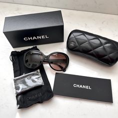 Gently Used Chanel Signature Butterfly Sunglasses. Item Comes With Original Box, Protective Case, Dust Bag, Never Used Cleaning Cloth And Paperwork. Black Frame With A Beige Accent And A Beautiful Brown Gradient Lens. Chanel Glasses Case With Chain, Chanel Sunglasses Women, Chanel Butterfly Sunglasses, Chanel Glasses, Chanel Sunglasses, Butterfly Sunglasses, Chanel Accessories, Brown Gradient, Chanel Black