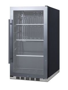 an empty glass door refrigerator on a white background