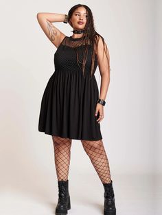 Fishnet Little Black Dress Plus Size Fishnet Dress, Plus Indie Dress, Plus Size Goth Dress Uk, Plus Size Dress With Harness, Plus Size Harness Dress, Dress With Doc Martens Plus Size, Black Dress Black Tights Plus Size, Chubby Alternative Fashion, How To Style Fishnets