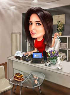 a digital painting of a woman sitting at a desk with a laptop and books in front of her