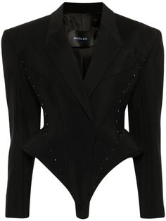 THE DETAILS

Mugler
Hook & Eye bodysuit jacket

Imported

Highlights
black
twill weave
corset style
notched lapels
shoulder pads
long sleeves
buttoned cuffs
chest welt pocket
dart detailing
hook and eye fastening
concealed front button fastening
press-stud fastening
Just a reminder that this piece must be tried on over your own garments.
Composition
Viscose 76%, Virgin Wool 24%

Washing instructions
Dry Clean Only

Wearing
The model is 5 ft 10 in wearing size 38

The model is also styled with: Mugler Hook & Eye wide-leg trousers, Mugler Spiral Curve 02 mini bag, Prada 100mm brushed-leather pumps
Product IDs
FARFETCH ID: 23496550

Brand style ID: 24S1VE0399182 Mugler Blazer, Black Tweed, City Dress, Twill Weave, Just A Reminder, Wnba, Summer Beach Wear, Corset Style, Workout Jacket