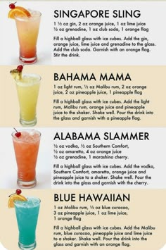 the different types of cocktails are shown in this poster, which shows how to make them