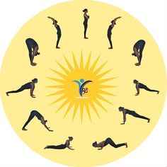 a group of people doing yoga poses in the middle of a sunbursted circle