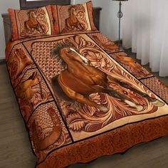 a bed with a horse on it in a room