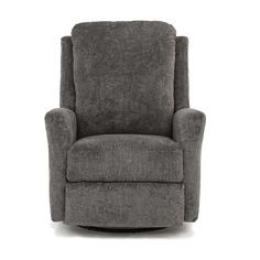 the reclining chair is shown in grey fabric and has a round base with an armrest