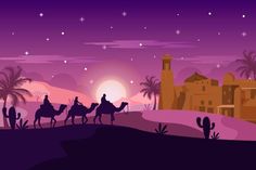 three wise men riding camels in the desert at night with palm trees and buildings