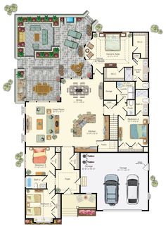 a floor plan for a house with two cars parked in the garage and an open living area