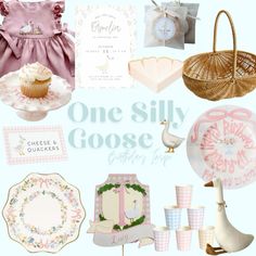 a collage of pink and white items with the words, one silly goose