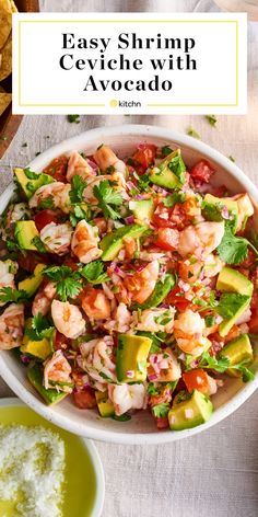 shrimp ceviche with avocado in a white bowl