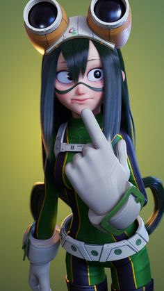 an animated character with long hair and big eyes pointing to the side while wearing green outfit