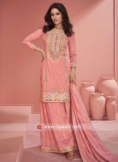 Peach Embroidered Organza Silk Palazzo Set... Organza Styles