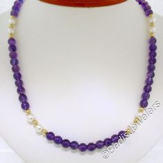 This unique and lovely looking necklace features 94 round, genuine, amethyst beads separated by 8 stations which are each comprised of 2 round cultured pearls and 3 petite solid 14k yellow gold beads. The amethysts display very desirable and naturally varying shades of rich purple color. The pearls add a soft and elegant touch to the design with their grayish-ivory color and wonderful luster. The clasp is finely crafted from solid 14k yellow gold and features fine milgrain work and etched detail Amethyst Beads, Fine Jewellery Necklace, Strand Necklace, Cultured Pearls, Gold Beads, Estate Jewelry, Quality Jewelry, Round Beads, Antique Jewelry