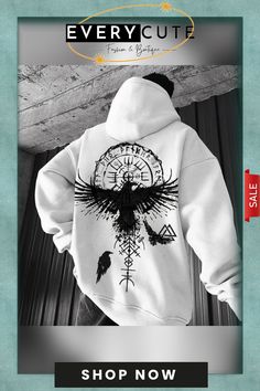 Crow Viking Print Hoodie Hooded Graphic Print Sweater For Fall, Fall Hooded Sweater With Graphic Print, Graphic Print Hoodie Sweater For Winter, Winter Hooded Top With Graphic Print, Winter Graphic Print Hooded Top, Graphic Print Hoodie For Fall, Winter Graphic Print Hoodie Sweatshirt, Hooded Graphic Print Tops For Outdoor, Outdoor Long Sleeve Graphic Hoodie