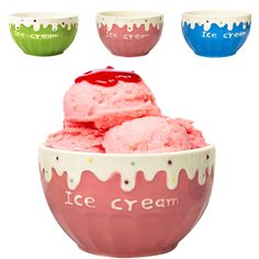 three bowls with ice cream in them on a white background