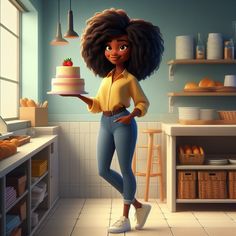 an animated woman holding a cake in a kitchen