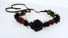 "A dark and romantic design in the flower crown collection, the handcrafted black and burgundy rose flower crown is an essential for: *Festivals *Weddings *Special occasions *Photoshoots *Gothic fashion Who does the gothic floral crown fit? *1 year - Adult (Yes, really! The flower crowns are flexible, and so simple to wear.) What size are the flowers and what may I expect? The assortment of black and red florals measure between approximately 2\" - 1/4\" each. Adorned with tiny crystals for an el Burgundy Hair Accessories, Black Flower Crown, Wedding Hair Flower Crown, Crown Dark, Dark Romantic Wedding, Red Flower Crown, Floral Hair Wreath, Gothic Mode, Crown Collection