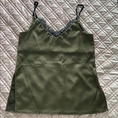 Brand New No Tags, Side Slits, Super Sexy. Fits S And M, 4/6 Green V-neck Tank Top For Night Out, Chic Green Camisole For Night Out, Top With Lace Trim, Satin Tank Top, Tank Top With Lace, M 4, Silk Slip, Fancy Dresses, Lace Trim