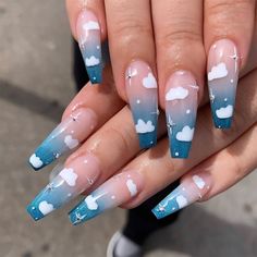 24 Pcs Press On Nail Blue Sky Cloud Summer Fresh Feeling Nails Application, Nails Ballerina, Fake Nails Long, Nail Salon Design, Nagel Tips, Nail Type, Coffin Press On Nails, Fake Nails With Glue, 3 Women