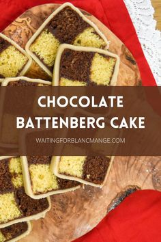 chocolate battenberg cake with text overlay