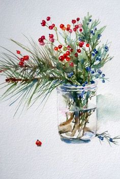 a painting of flowers in a jar on a white surface with red and blue berries