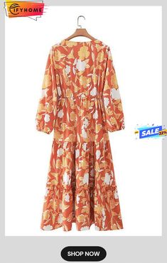 Print Button Tiered Long Sleeve Maxi Dress Orange Floral Print Long Sleeve Maxi Dress, Fall Floral Print Button-up Maxi Dress, Long Sleeve Maternity Dress With Floral Print, Yellow Floral Print V-neck Maxi Dress, Long Sleeve Floral Print Maternity Dress, Long Sleeve Maxi, Maxi Dress With Sleeves, Buy Prints, Long Sleeve Maxi Dress