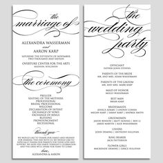 two wedding program cards with the words marriage party on each side and an elegant calligraphy font