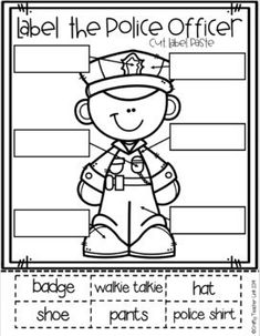 a police officer worksheet with the words, label the police officer on it