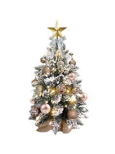 a small christmas tree with gold and silver ornaments on it's sides, against a white background