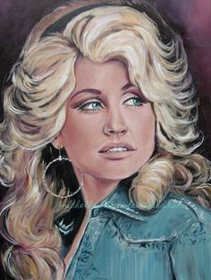 a painting of a blonde haired woman with blue eyes and blond hair, wearing a green shirt