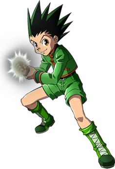 an anime character with black hair and green pants holding a white object in his hand