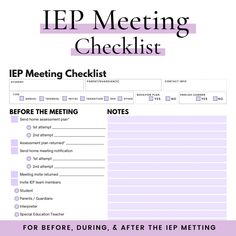 the iep meeting checklist is shown in purple and black, with text overlaying it