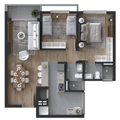 Small Apartment Floor Plans, Two Bedroom Apartment, House Floor Design, Architectural House Plans, Small House Design Plans