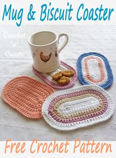 three crocheted coasters on a table with a coffee cup and cookie in the middle