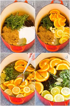 steps to make an orange and fennel soup in a pot with lemons, herbs, spices, and seasoning