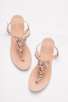 Jeweled Rose Gold Metallic Ankle-Strap Thong Sandals by David's Bridal Wedding Shoes Flats Sandals, Rose Gold Wedding Shoes, Bridesmaids Heels, Fancy High Heels, Brides Shoes, Gold Wedding Shoes, Fun Wedding Shoes, Perfect Wedding Shoes, Rose Gold Sandals