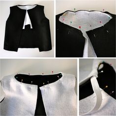 four pictures show how to sew a dress with buttons and zippers on it