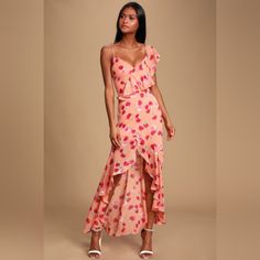 Nwt - Size Medium 55.5" Shoulder To Hem (Back) 34" Shoulder To Hem (Front) 27" Lining 100% Polyester Lulus Exclusive! Live Your Best Life In The Lulus Bloom Forever Coral Orange Floral Print Ruffled High-Low Dress! Light And Gauzy Woven Fabric, Covered In A Cheery Fuchsia Floral Print, Sweeps From Adjustable Spaghetti Straps Into An Asymmetrical Ruffled Bodice And A Straight-Cut Silhouette. A High-Low Skirt Is Formed By A Flouncy Drop Seam For A Stunning Finish! Orange Floral Print, High Low Skirt, Adhesive Bra, Live Your Best Life, Coral Orange, Lulu Dresses, Fabric Covered, Straight Cut, High Low Dress