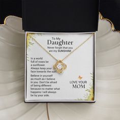 Imagine the joy on her face as she receives this beautiful Love Knot Necklace – a symbol of the unbreakable bond between two souls. This stunning piece is adorned with premium cubic zirconia crystals, making it the perfect gift for a bonus daughter or stepdaughter. Whether for a birthday, holiday, or special occasion, surprise her with this meaningful necklace today! Material Options: 14k white gold over stainless steel or 18k yellow gold over stainless steel Stone: 6mm round-cut cubic zirconia Cubic Zirconia Jewelry With Diamond Accents As Gift, Mother's Day Jewelry Gift Box For Her, Mother’s Day Jewelry Gift Box For Her, Jewelry Gift Box For Her On Mother's Day, Spiritual Jewelry As Mother's Day Gift, Gold Jewelry For Birthday Gift With Gift Box, Personalized Diamond Jewelry For Mother's Day, Gold Jewelry With Gift Box For Mother's Day, Mother's Day Inspirational Jewelry With Gift Box