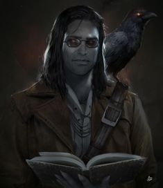 a man with long hair and glasses is reading a book while a crow sits on his shoulder