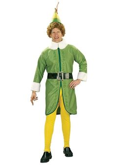 a man dressed in a green and yellow elf costume standing with his hands on his hips