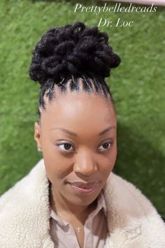 Pedal Bun On Short Locs, Dreadlock Buns Black Women Dreads, Loc Knot Bob Dreads Black Women, Loc Barrel Ponytail, Two Loc Petal Buns, Sisterlocks Updo, Loc Updo, Bun Styles, Big Box Braids Hairstyles