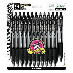 the zebra pen is black and has many different types of pens in each pack, including one