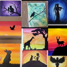 the silhouettes of animals and birds are painted on canvases