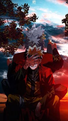 an anime character sitting under a tree with his hands on his face and the sun in the background